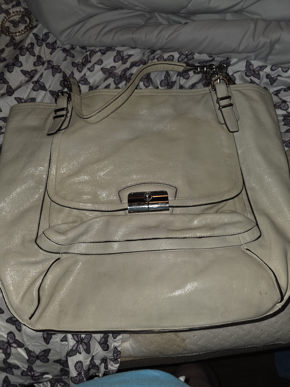 Coach Cream Leather Tote with Silver-Tone Hardware